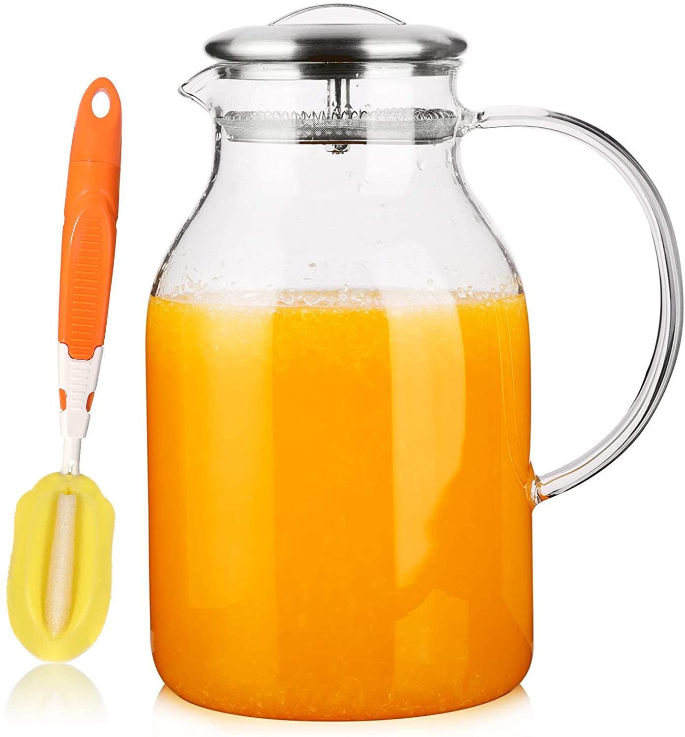 68 Oz Glass Pitcher with Lid and Spout  High Heat Resistance Pitcher for Hot/Cold Water & Iced Tea, Cleaning Brush