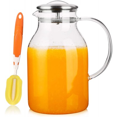 68 Oz Glass Pitcher with Lid and Spout  High Heat Resistance Pitcher for Hot/Cold Water & Iced Tea, Cleaning Brush